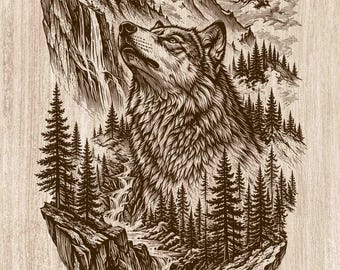 May include: A dark brown wood-engraved illustration featuring a wolf looking upward toward a large moon. The scene includes a mountain range, a dense pine forest, and a cascading waterfall flowing over rocky terrain, all rendered in fine detail.