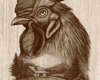 Rooster Wood Engraving PNG, Farmhouse Chicken Wall Art, Rustic Farm Decor, Barn Kitchen Laser Engraving & CNC File (Digital Download)