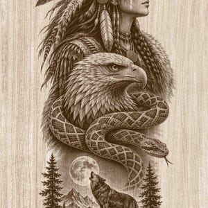 May include: A sepia-toned wood engraving illustration featuring a person wearing a feathered headdress, an eagle, and a coiled snake. Below, a wolf howls at a full moon above a mountain landscape with pine trees and a small waterfall.