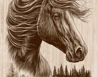 Horse Head Wood Engraving PNG, Wild Horse Portrait Wall Art, Equestrian Ranch Decor, Western Laser Engraving & CNC File (Digital Download)