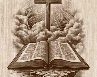 聖書の十字架の木版画PNG、十字架の光線が描かれた開いた聖書、キリスト教の壁掛けアート、宗教的な聖句のレーザー彫刻とCNCファイル
