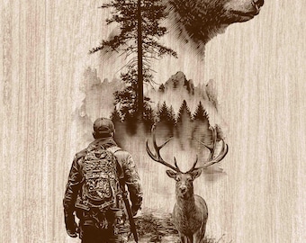 Hunter Deer Bear Wood Engraving PNG, Hunting Wall Art, Forest Wildlife Cabin Decor, Rustic Lodge Laser Engraving & CNC File