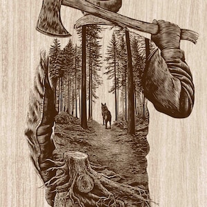 May include: A brown-toned wood-grain print featuring a double exposure illustration of a person seen from behind, wearing a beanie and jacket, carrying an axe over their shoulder. The silhouette reveals a forest path with a wolf and a tree stump.