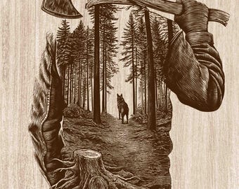 Lumberjack Wood Engraving PNG, Woodsman Axe Wall Art, Forest Wolf Cabin Decor, Rustic Logger Laser Engraving & CNC File (Digital Download)