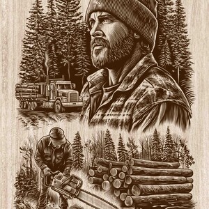 Peut inclure: Une gravure sur bois aux tons bruns représentant le portrait d'une personne barbu avec un bonnet et une chemise en flanelle, un camion forestier transportant du bois et une personne utilisant une tronçonneuse près d'une pile de bûches.