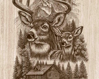 Buck and Doe Wood Engraving PNG, Whitetail Deer Couple Wall Art, Hunting Cabin Decor, Wildlife Laser Engraving & CNC File (Digital Download)