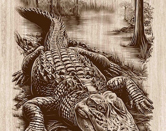 Alligator Wood Engraving PNG, Swamp Wildlife Wall Art, Bayou Gator Cabin Decor, Reptile Laser Engraving & CNC File (Digital Download)