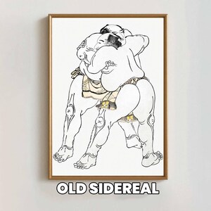 Könnte beinhalten: Ein gerahmter Druck mit einer Schwarz-Weiß-Illustration von zwei Sumo-Ringern in einer Kampfpose. Die Kunst zeigt detaillierte Linien und traditionelle Mawashi-Gürtel. Der Druck befindet sich in einem goldfarbenen Rahmen, mit dem Text "OLD SIDEREAL" unten.