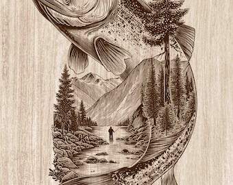 Trout Fishing Wood Engraving PNG, Fly Fishing Wall Art, Mountain River Cabin Decor, Angler Gift Laser Engraving & CNC File