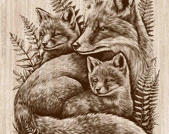 Fox Family Wood Engraving PNG, Mother Fox With Kits Wall Art, Woodland Animal Nursery Decor, Wildlife Laser Engraving & CNC File