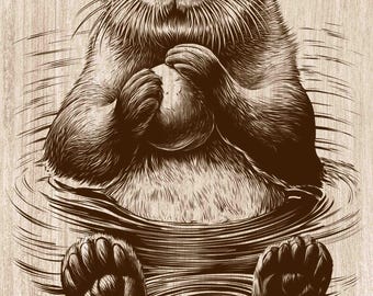 Sea Otter Wood Engraving PNG, Otter With Clam Wall Art, Coastal Wildlife Decor, Ocean Animal Laser Engraving & CNC File (Digital Download)