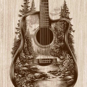Può includere: Un'illustrazione di chitarra acustica nei toni del marrone che integra un paesaggio dettagliato nel corpo. L'opera raffigura un bosco con alti pini, un fiume che scorre e rive rocciose, il tutto realizzato in uno stile inciso marrone scuro.