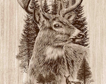 Buck Deer Wood Engraving PNG, Whitetail Deer Forest Wall Art, Moonlit Wildlife Cabin Decor, Hunting Lodge Laser & CNC File