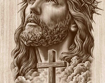 イエス・キリストの十字架の木彫りPNG、いばらの冠のキリストの壁掛けアート、キリスト教の宗教装飾、十字架信仰のレーザー彫刻＆CNCファイル