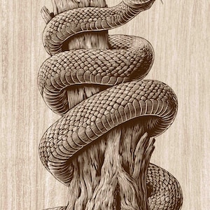 Coiled Viper Wood Engraving PNG, Serpent on Tree Stump Art, Gothic Reptile Illustration, Masculine Wildlife Laser Engraving & CNC File