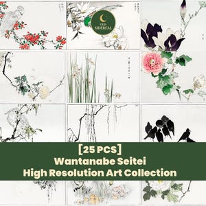 25 Watanabe Seitei Japanese Bird & Flower Prints, Vintage Kacho-e Botanical Art, Antique Asian Nature Wall Art Set, Digital Download