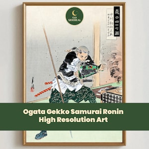 Könnte beinhalten: Ein gerahmter Kunstdruck mit einem Samurai-Krieger in traditioneller Kleidung, der ein Schwert schwingt. Das Kunstwerk ist im klassischen japanischen Stil gehalten, mit detaillierten Illustrationen und einer gedämpften Farbpalette. Der Text "Ogata Gekko Samurai Ronin High Resolution Art" wird angezeigt.