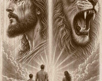 イエス・キリストとライオンの家族をモチーフにした木版画（PNG形式）、キリスト教信仰をテーマにした壁掛けアート、ユダのライオンのレーザー彫刻＆CNCファイル、宗教的な装飾（デジタルダウンロード）