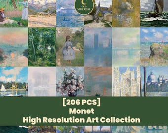 クロード・モネの印象派版画206点、ヴィンテージ風景画と睡蓮の絵画、フランスの古典的な壁掛けアートセット（デジタルダウンロード）