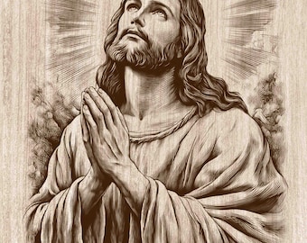祈るイエスの木版画 PNG、光輪を伴うキリストの祈りの壁掛けアート、キリスト教の宗教的なレーザー彫刻およびCNCファイル（デジタルダウンロード）