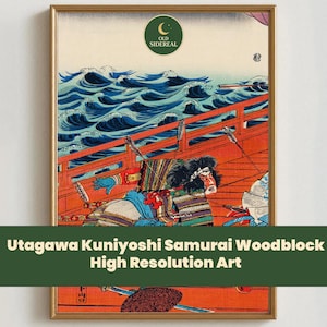 May include: A framed art print of a woodblock print by Utagawa Kuniyoshi. The artwork shows a battle scene with samurai warriors, crashing waves, and a wooden structure. The print has a gold frame and the text "OLD SIDEREAL" is visible.