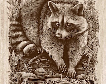 Raccoon Wood Engraving PNG, Woodland Raccoon Wall Art, Forest Wildlife Cabin Decor, Rustic Animal Laser Engraving & CNC File