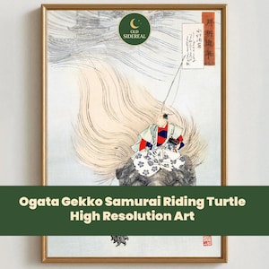 May include: A framed print of Ogata Gekko's artwork, depicting a samurai riding a turtle. The artwork features a color palette of white, red, blue, and beige. The print includes Japanese text and the text "Ogata Gekko Samurai Riding Turtle High Resolution Art".