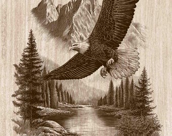 飛翔するワシの木版画PNG、ハクトウワシの山と湖の壁画、野生動物のキャビン装飾、レーザー彫刻＆CNCファイル（デジタルダウンロード）