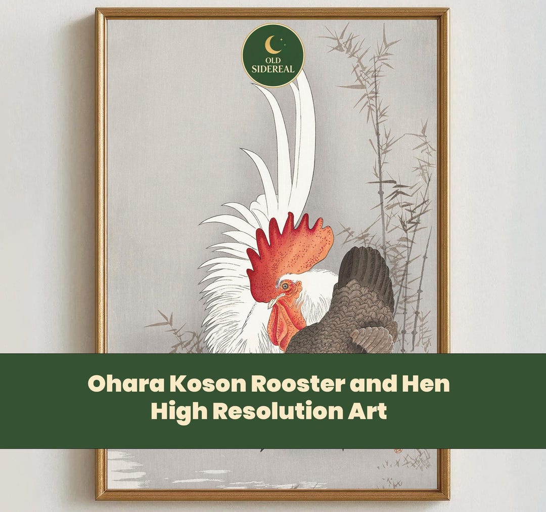 Ohara Koson Rooster and Hen Print, Japanese Woodblock Nature Art ...