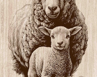 Sheep and Lamb Wood Engraving PNG, Ewe With Baby Lamb Wall Art, Farmhouse Nursery Decor, Farm Animal Laser Engraving & CNC File