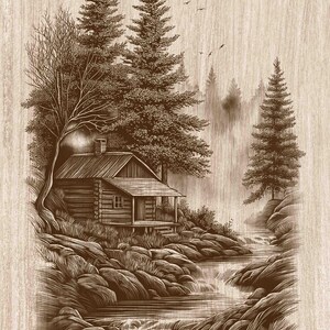 May include: A brown ink illustration on a light wood grain background depicting a rustic log cabin nestled among tall pine trees and rocky terrain. A small stream flows in the foreground, with several birds flying in the sky above the forest.