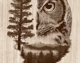 Forest Owl Double Exposure Engraving PNG, Great Horned Owl Wall Art, Mountain Cabin Decor, Laser Engraving & CNC File (Digital Download)