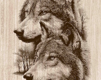 オオカミのペアの木版画PNG、2匹のオオカミの森の壁アート、野生動物のキャビン装飾、オオカミ愛好家向けレーザー彫刻＆CNCファイル（デジタルダウンロード）