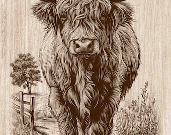 Scottish Cow Wood Engraving PNG, Highland Cow Wall Art, Farmhouse Ranch Decor, Highland Cattle Laser Engraving & CNC File (Digital Download)