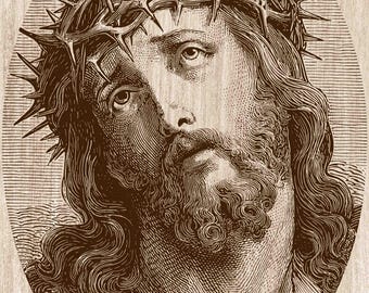 イエスのいばらの冠の木版画PNG、キリストの肖像画壁掛けアート、キリスト教の宗教装飾、ヴィンテージ聖書レーザー彫刻ファイル