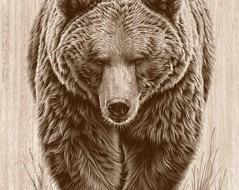 歩くクマの野生動物木版画PNG、グリズリーベアの壁掛けアート、素朴なキャビン装飾、ロッジのレーザー彫刻＆CNCファイル（デジタルダウンロード）