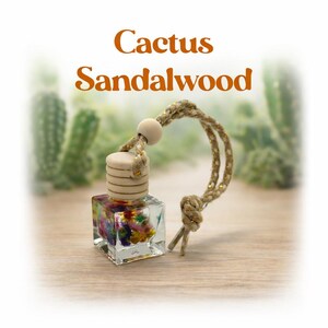 Puede incluir: Una pequeña botella de vidrio transparente con una tapa de madera y una cuerda decorativa. La botella contiene flores secas de colores. El texto "Cactus Sandalwood" se muestra en naranja encima.