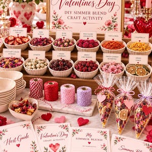 May include: A Valentine's Day DIY simmer blend craft activity set featuring a sign, bowls of dried botanicals and fruits like strawberries, rose petals, and limes, spools of twine, clear cone bags, and printed instruction cards with floral motifs.