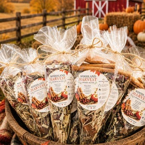 May include: Several clear plastic bags filled with Woodland Harvest simmer blend, containing dried birch bark, cinnamon sticks, apple slices, lemongrass, cranberries, and cloves. Each bag is tied with twine and features a round label with text.