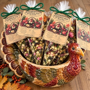 May include: A ceramic turkey-shaped bowl filled with four cone-shaped plastic bags containing a Thanksgiving simmer pot blend. Each bag has a tan tag with a turkey illustration and the text Thanksgiving Simmer Pot Blend tied with green twine.