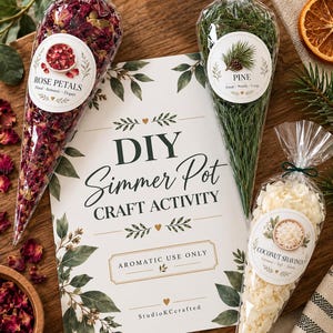 May include: A DIY Simmer Pot craft activity kit featuring a central instruction card and three clear cone-shaped bags filled with dried rose petals, pine needles, and coconut shavings, each labeled with its contents and descriptive text.