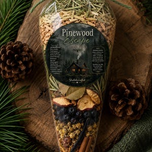 May include: A clear cone-shaped bag filled with a Pinewood Escape simmer blend, featuring pine needles, wood shavings, dried apple slices, blueberries, chamomile, and a cinnamon stick. A green string ties the top, and a label displays ingredients and instructions.