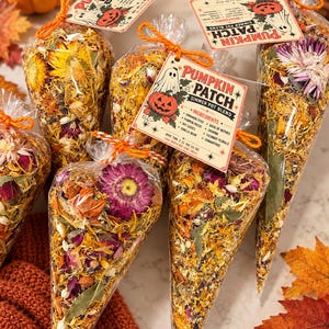 May include: Clear cone-shaped bags filled with a dried botanical simmer pot blend, featuring orange, yellow, and purple flowers, leaves, and spices. Each bag has a tag labeled Pumpkin Patch Simmer Pot Blend with a ghost and pumpkin graphic.
