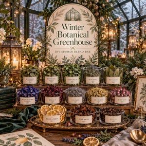 May include: A Winter Botanical Greenhouse DIY Simmer Blend Bar sign sits above glass bowls filled with dried botanicals including mulberry leaves, raspberry leaves, lemon balm, rosemary, bay leaves, butterfly pea, hibiscus, lavender, chamomile, rose buds, dried lemon, star anise, and cloves.
