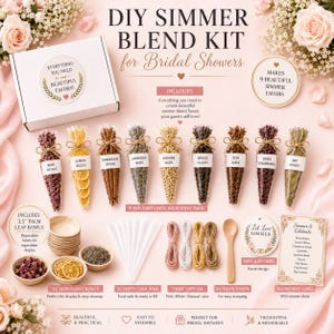 May include: A DIY simmer blend kit for bridal showers including a white box, nine clear cone bags filled with ingredients like rose petals, lemon slices, cinnamon sticks, lavender, jasmine, cloves, star anise, cranberries, and bay leaves.