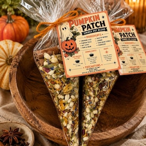 May include: Two clear cone-shaped plastic bags filled with a dried pumpkin patch simmer pot blend, tied with orange twine. Each bag features a rectangular tag labeled Pumpkin Patch Simmer Pot Blend with a ghost and pumpkin illustration.
