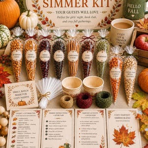 May include: A Cozy Harvest Simmer Kit set featuring a large sign, instructional cards, and clear cone-shaped bags filled with dried ingredients like pumpkin pieces, orange slices, cranberries, cloves, cinnamon sticks, star anise, rosemary, and wood shavings.