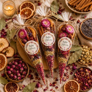 May include: Three clear cone-shaped bags filled with dried botanicals, including orange slices, cinnamon sticks, and pink flowers. Each bag features a circular label with floral borders and the text Baby in Bloom Simmer Blend.