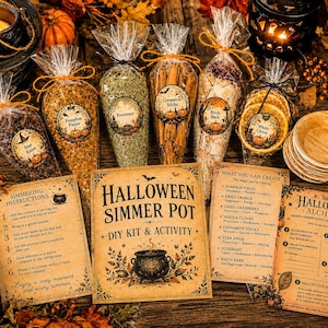May include: A Halloween simmer pot DIY kit featuring clear bags of star anise, pumpkin pieces, rosemary, cinnamon sticks, birch bark, and dried orange slices, accompanied by three instructional cards and a stack of small round bowls on a wooden surface.