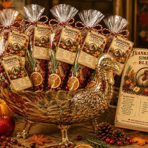 May include: Five clear plastic bags filled with Thanksgiving simmer pot blend, each tied with red and white twine and a tag labeled Thanksgiving Simmer Pot Blend. The bags sit in a gold turkey-shaped bowl next to a sign with the same title.